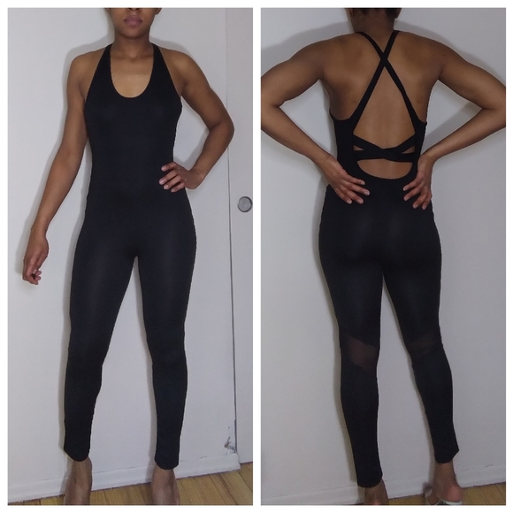 shein  sheer criss-cross black athletic jumpsuit - Picture 1 of 5